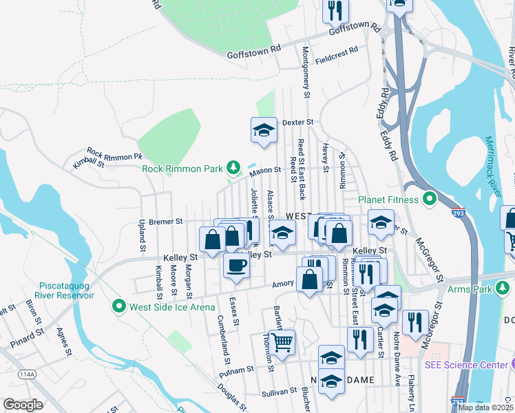 map of restaurants, bars, coffee shops, grocery stores, and more near 204 Alsace Street in Manchester