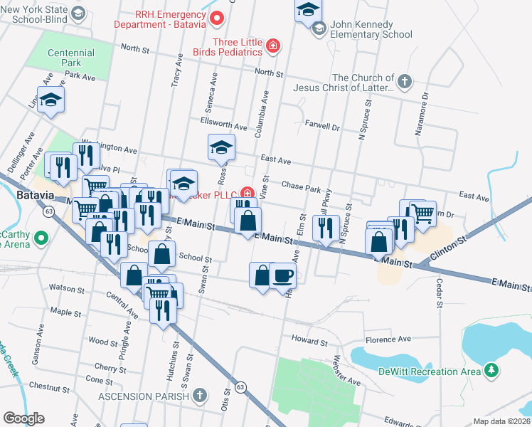 map of restaurants, bars, coffee shops, grocery stores, and more near 9 Vine Street in Batavia