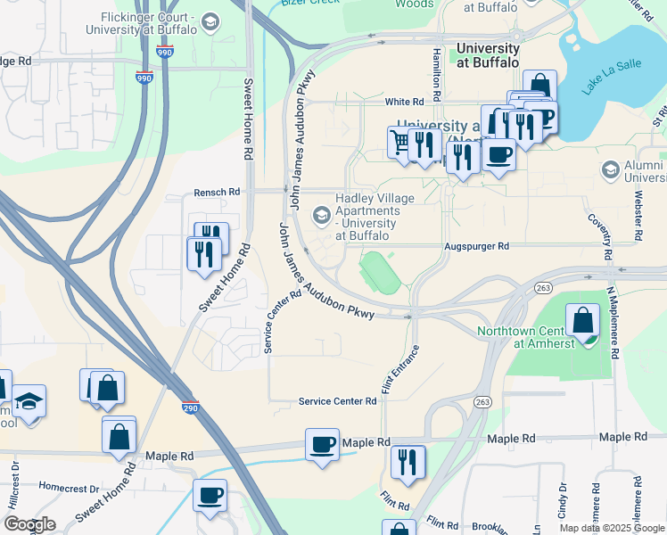 map of restaurants, bars, coffee shops, grocery stores, and more near Hadley Road in Buffalo