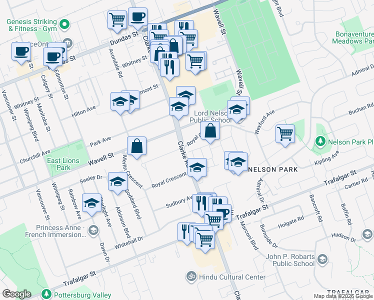 map of restaurants, bars, coffee shops, grocery stores, and more near 230 Clarke Road in London