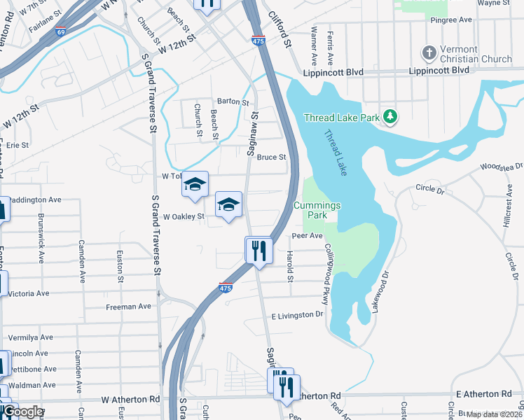 map of restaurants, bars, coffee shops, grocery stores, and more near 109 Oakley Street in Flint