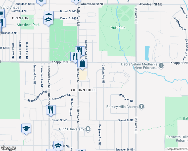map of restaurants, bars, coffee shops, grocery stores, and more near 1910 Benjamin Avenue Northeast in Grand Rapids