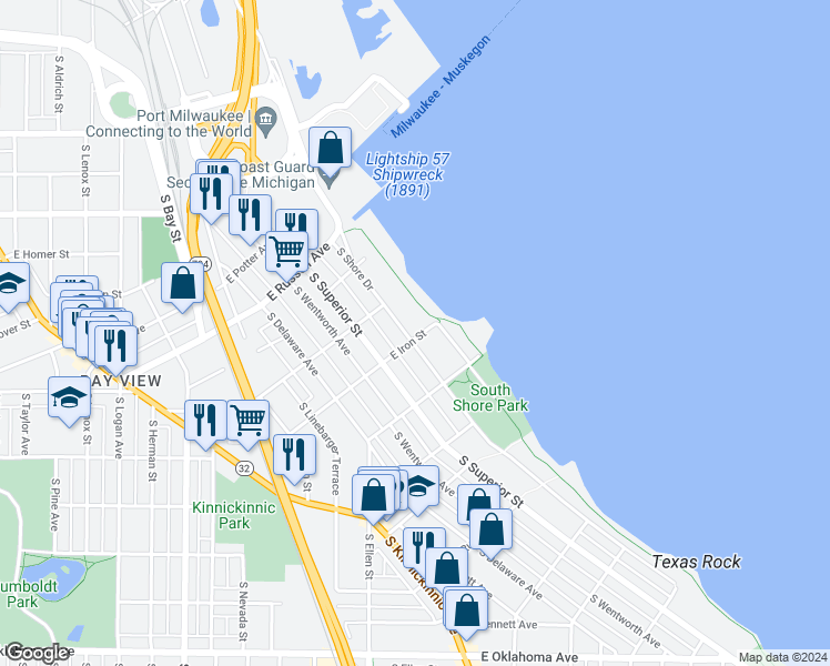 map of restaurants, bars, coffee shops, grocery stores, and more near 2020 East Iron Street in Milwaukee