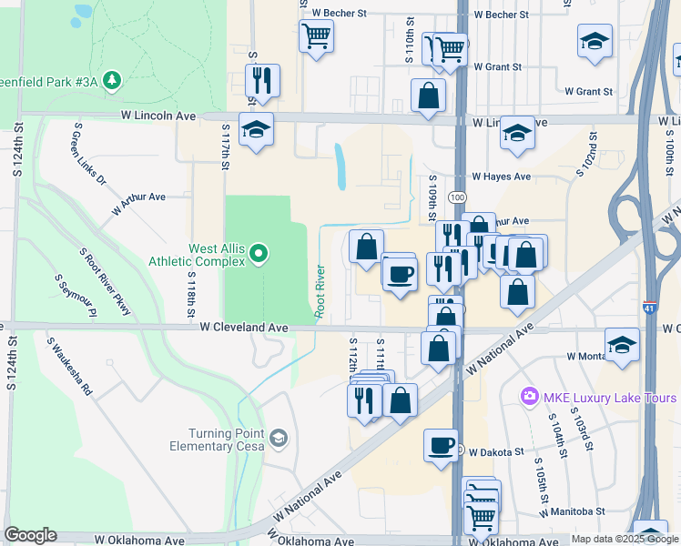 map of restaurants, bars, coffee shops, grocery stores, and more near 11300 West Cleveland Avenue in West Allis