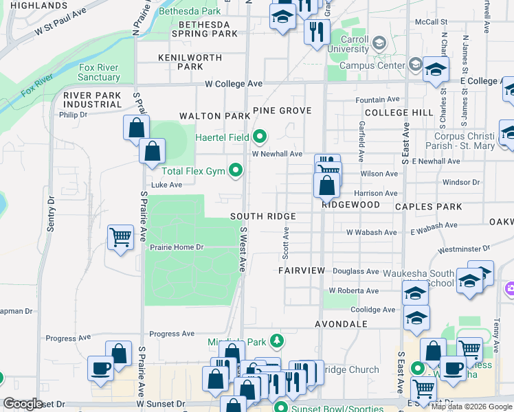 map of restaurants, bars, coffee shops, grocery stores, and more near 433 Harrison Avenue in Waukesha