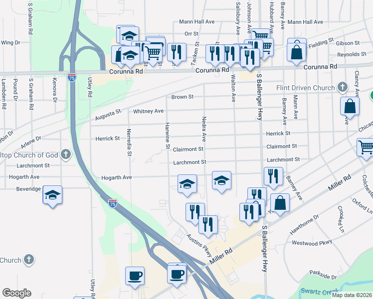 map of restaurants, bars, coffee shops, grocery stores, and more near 3140 Clairmont Street in Flint