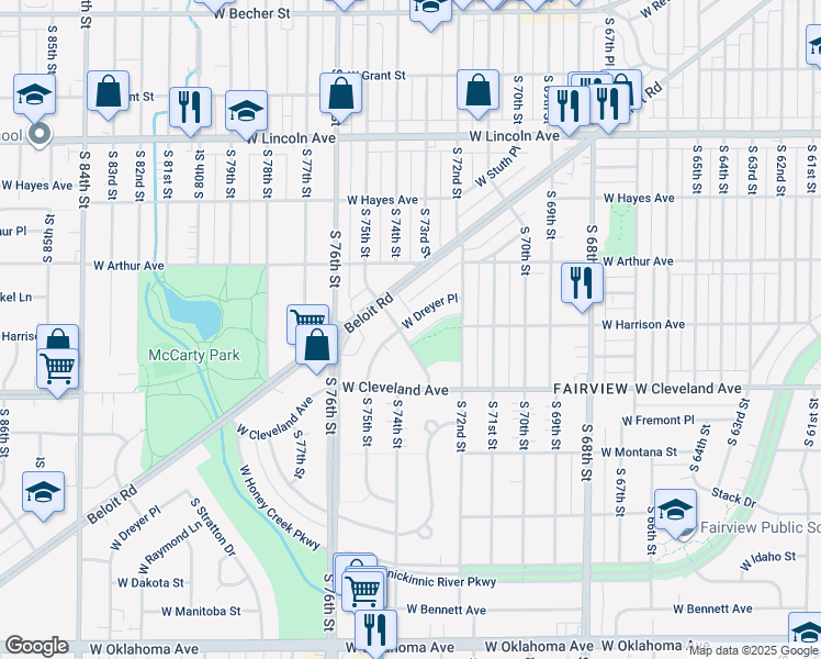 map of restaurants, bars, coffee shops, grocery stores, and more near 7341 West Dreyer Place in West Allis