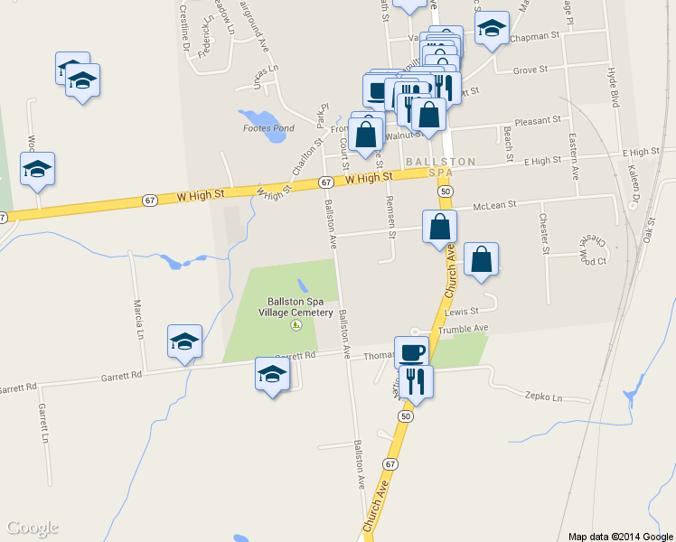 map of restaurants, bars, coffee shops, grocery stores, and more near 115 Ballston Avenue in Ballston Spa