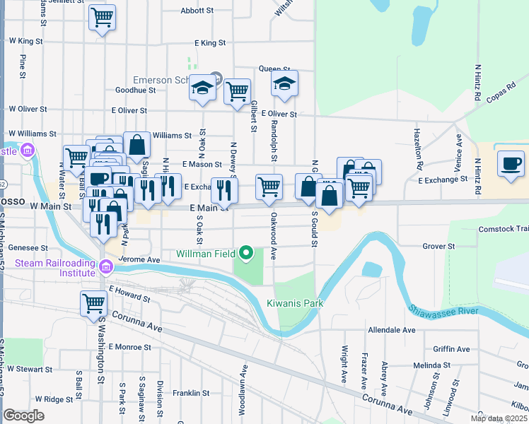 map of restaurants, bars, coffee shops, grocery stores, and more near 118 Oakwood Avenue in Owosso