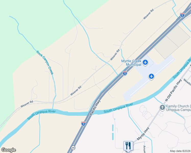 map of restaurants, bars, coffee shops, grocery stores, and more near 128 Market Lane in Myrtle Creek