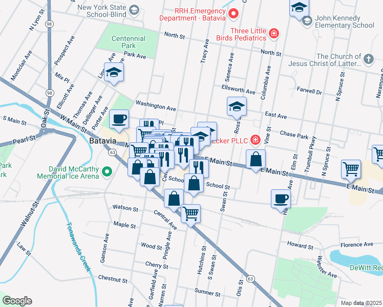 map of restaurants, bars, coffee shops, grocery stores, and more near 215 East Main Street in Batavia