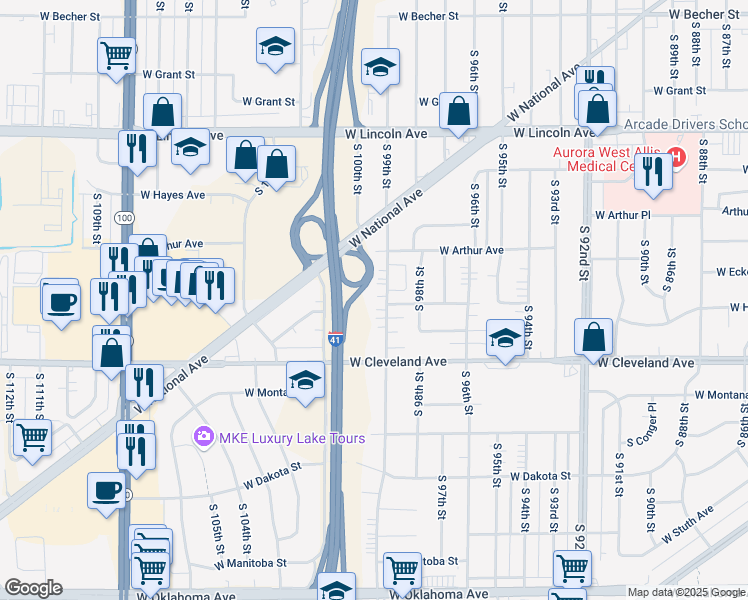 map of restaurants, bars, coffee shops, grocery stores, and more near 2569 South 99th Street in Milwaukee