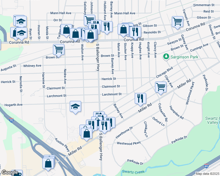 map of restaurants, bars, coffee shops, grocery stores, and more near 3409 Clairmont Street in Flint