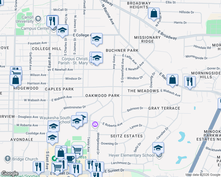 map of restaurants, bars, coffee shops, grocery stores, and more near 735 Oxford Road in Waukesha