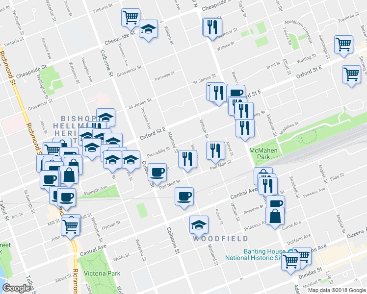 map of restaurants, bars, coffee shops, grocery stores, and more near 487 Piccadilly Street in London