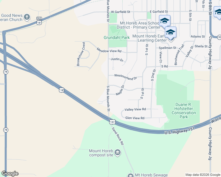map of restaurants, bars, coffee shops, grocery stores, and more near 215 West Gonstead Road in Mount Horeb