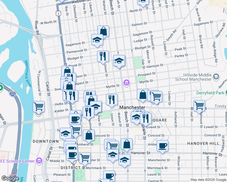 map of restaurants, bars, coffee shops, grocery stores, and more near 160 Orange Street in Manchester