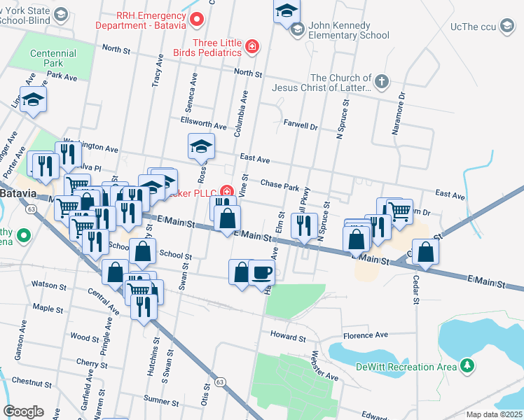 map of restaurants, bars, coffee shops, grocery stores, and more near 12 Fisher Park in Batavia