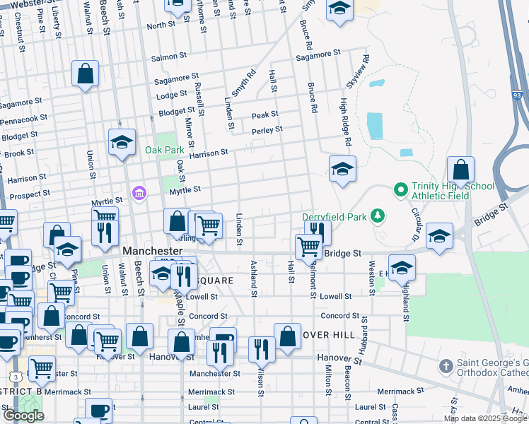 map of restaurants, bars, coffee shops, grocery stores, and more near 340 Pearl Street in Manchester