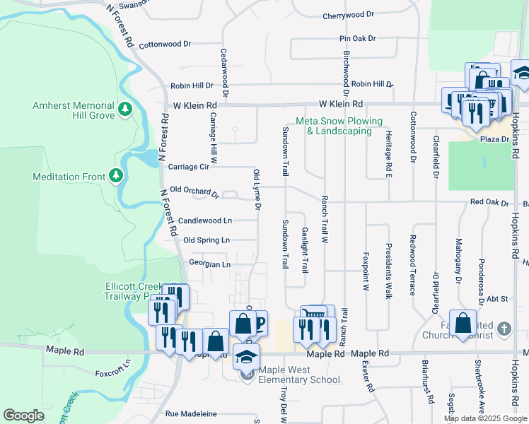 map of restaurants, bars, coffee shops, grocery stores, and more near 235 Old Lyme Drive in Buffalo