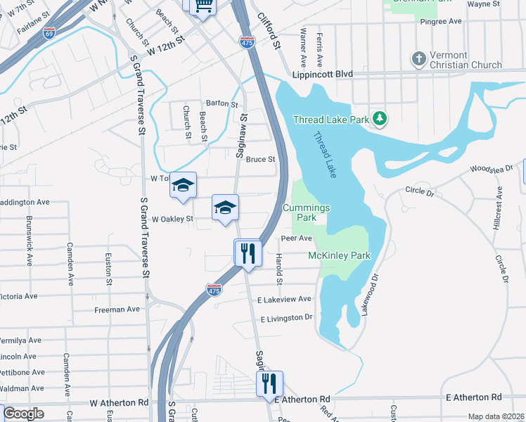 map of restaurants, bars, coffee shops, grocery stores, and more near 149 Oakley Street in Flint