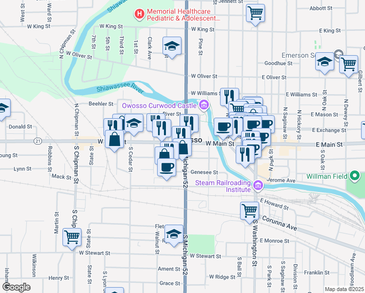 map of restaurants, bars, coffee shops, grocery stores, and more near 501 West Main Street in Owosso