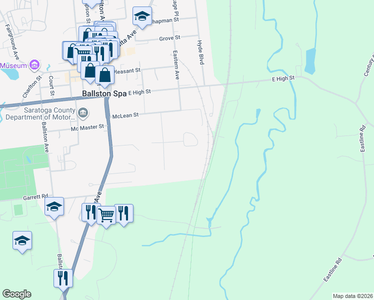 map of restaurants, bars, coffee shops, grocery stores, and more near 10 Chesterwood Court in Ballston Spa