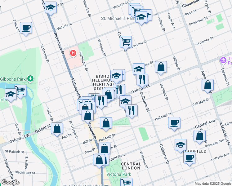 map of restaurants, bars, coffee shops, grocery stores, and more near 777 Waterloo Street in London