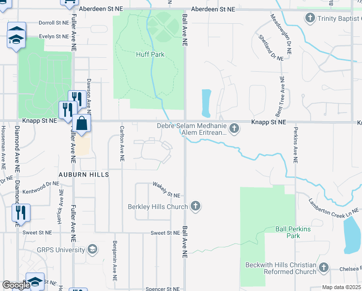 map of restaurants, bars, coffee shops, grocery stores, and more near 1915 Ball Avenue Northeast in Grand Rapids