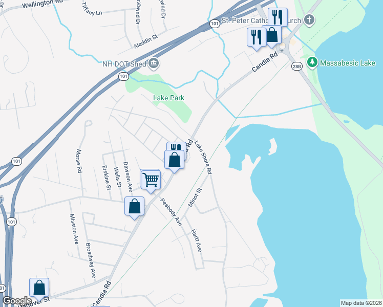 map of restaurants, bars, coffee shops, grocery stores, and more near 1745 Candia Road in Manchester