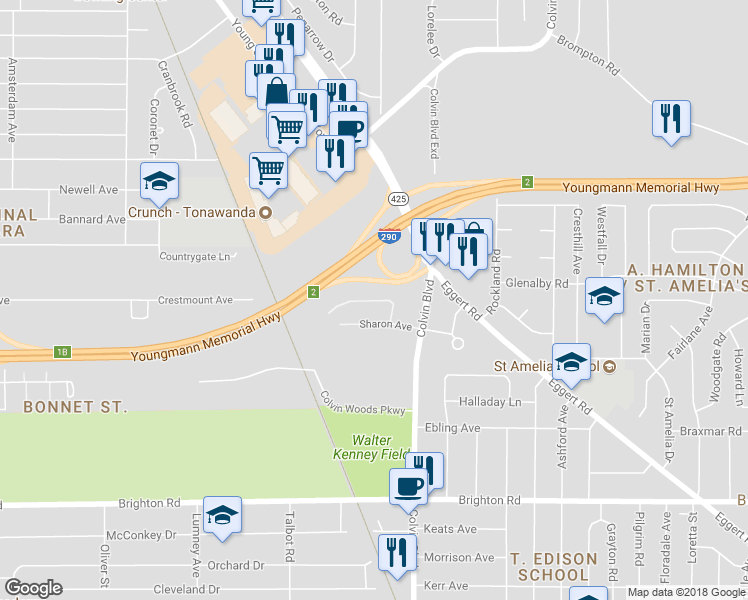 map of restaurants, bars, coffee shops, grocery stores, and more near 53 Embassy Square in Tonawanda