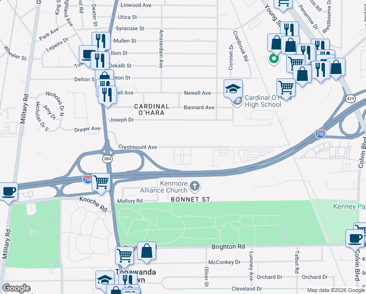 map of restaurants, bars, coffee shops, grocery stores, and more near 167 Crestmount Avenue in Tonawanda
