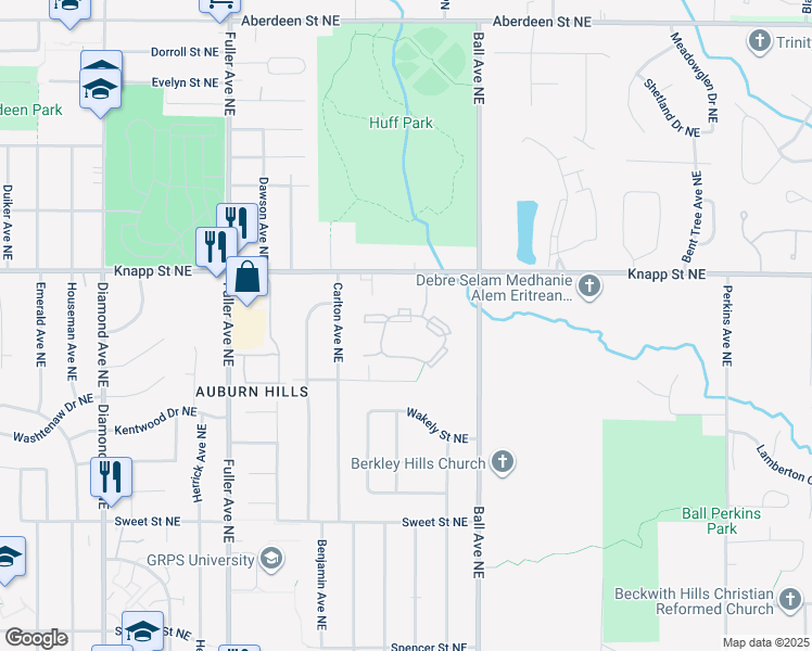 map of restaurants, bars, coffee shops, grocery stores, and more near 1400-1598 Hidden Creek Cir Dr NE in Grand Rapids