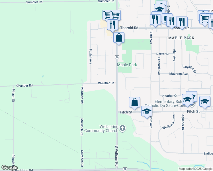 map of restaurants, bars, coffee shops, grocery stores, and more near 27 Chantler Road in Welland