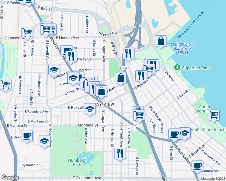 map of restaurants, bars, coffee shops, grocery stores, and more near 1043 East Potter Avenue in Milwaukee