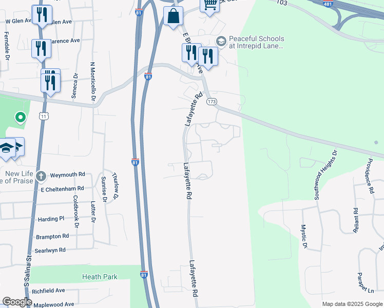 map of restaurants, bars, coffee shops, grocery stores, and more near 211 Lafayette Road in Syracuse
