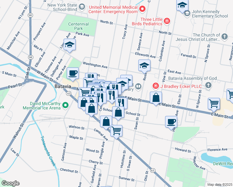 map of restaurants, bars, coffee shops, grocery stores, and more near 215 East Main Street in Batavia