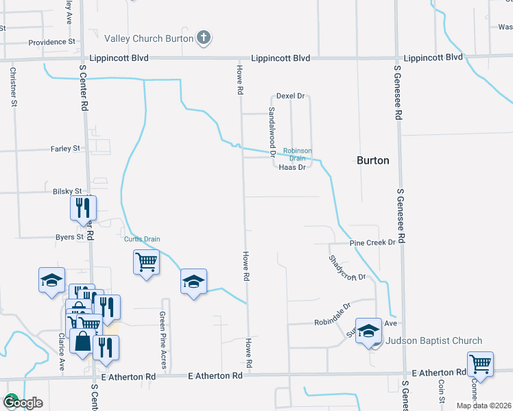 map of restaurants, bars, coffee shops, grocery stores, and more near 2243 Howe Road in Burton