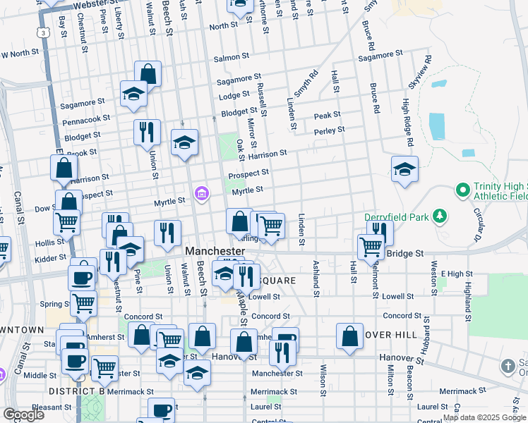 map of restaurants, bars, coffee shops, grocery stores, and more near 17 Oak Street in Manchester