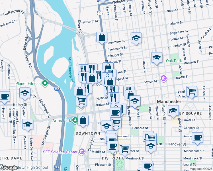 map of restaurants, bars, coffee shops, grocery stores, and more near 8 Dow Street in Manchester