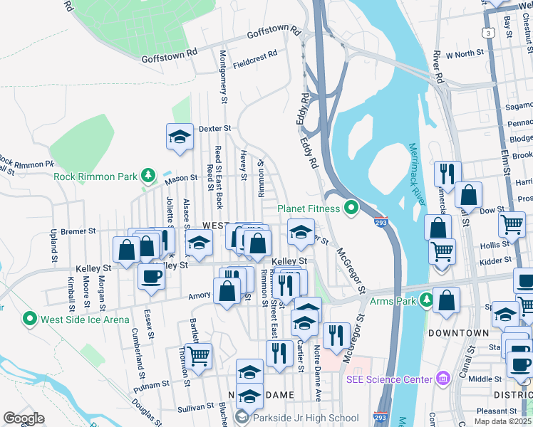 map of restaurants, bars, coffee shops, grocery stores, and more near 10 Quirin Street in Manchester