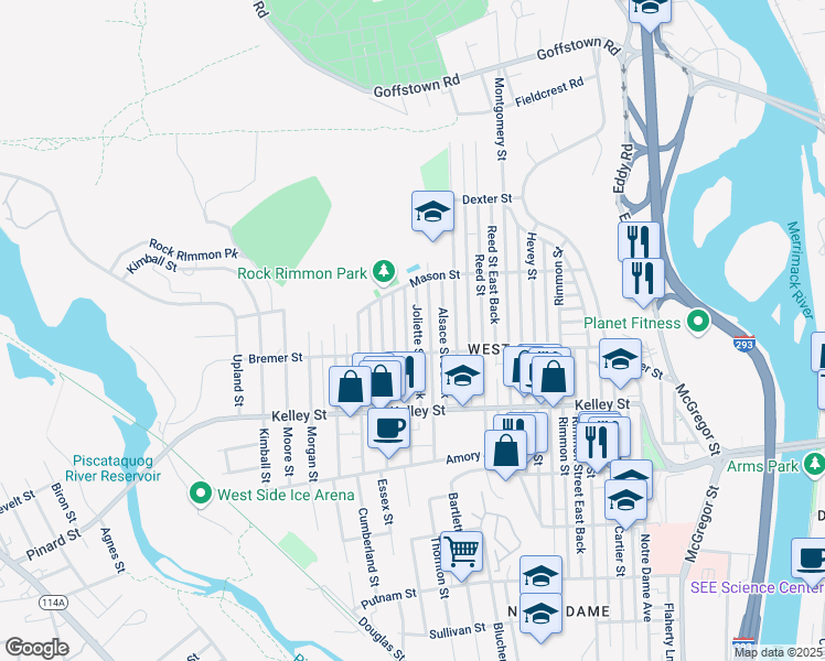 map of restaurants, bars, coffee shops, grocery stores, and more near 204 Alsace Street in Manchester