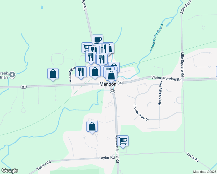 map of restaurants, bars, coffee shops, grocery stores, and more near in Mendon