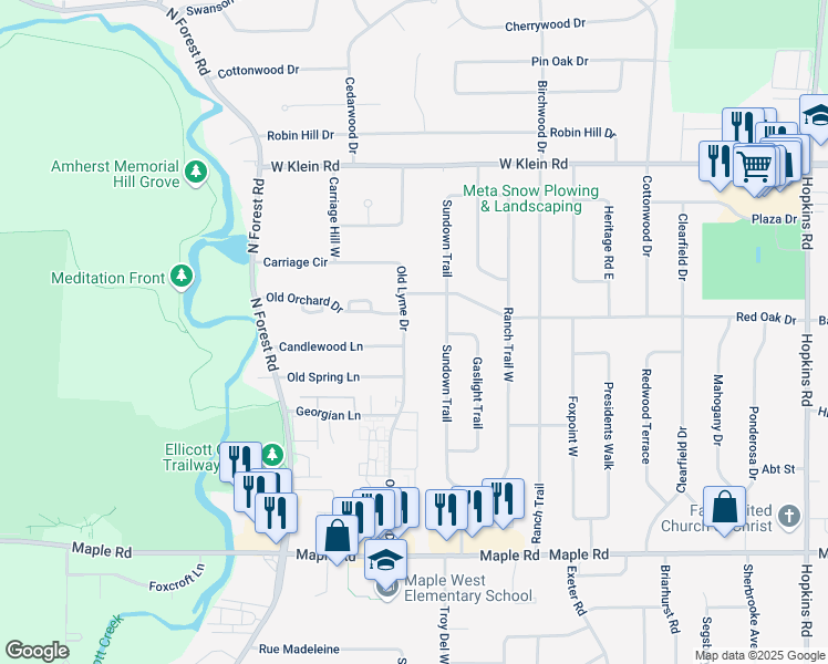 map of restaurants, bars, coffee shops, grocery stores, and more near 235 Old Lyme Drive in Buffalo