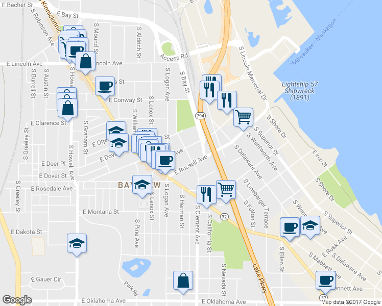map of restaurants, bars, coffee shops, grocery stores, and more near 1043 East Potter Avenue in Milwaukee