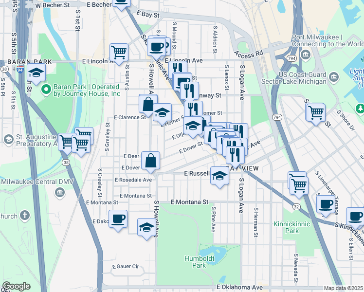 map of restaurants, bars, coffee shops, grocery stores, and more near 622 East Dover Street in Milwaukee