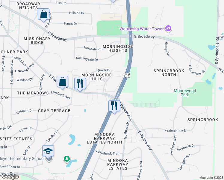 map of restaurants, bars, coffee shops, grocery stores, and more near 1619 Les Paul Parkway in Waukesha