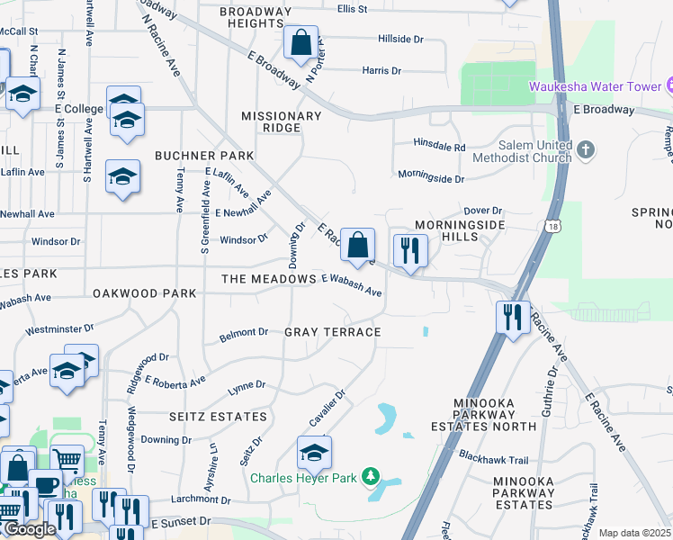 map of restaurants, bars, coffee shops, grocery stores, and more near 1308 East Wabash Avenue in Waukesha
