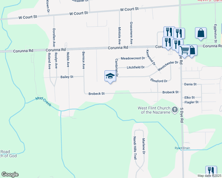 map of restaurants, bars, coffee shops, grocery stores, and more near 6022 Brobeck Street in Flint
