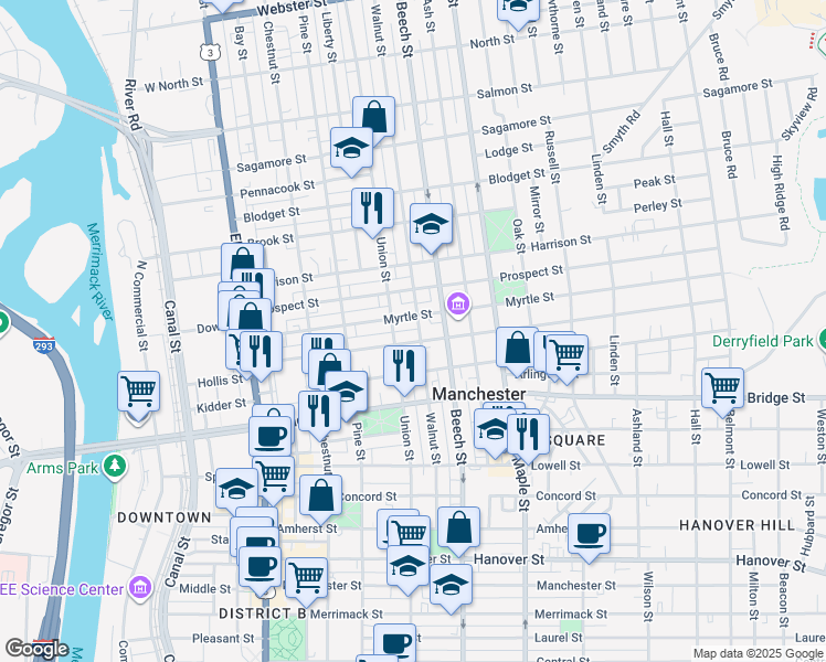 map of restaurants, bars, coffee shops, grocery stores, and more near 146 Walnut Street in Manchester